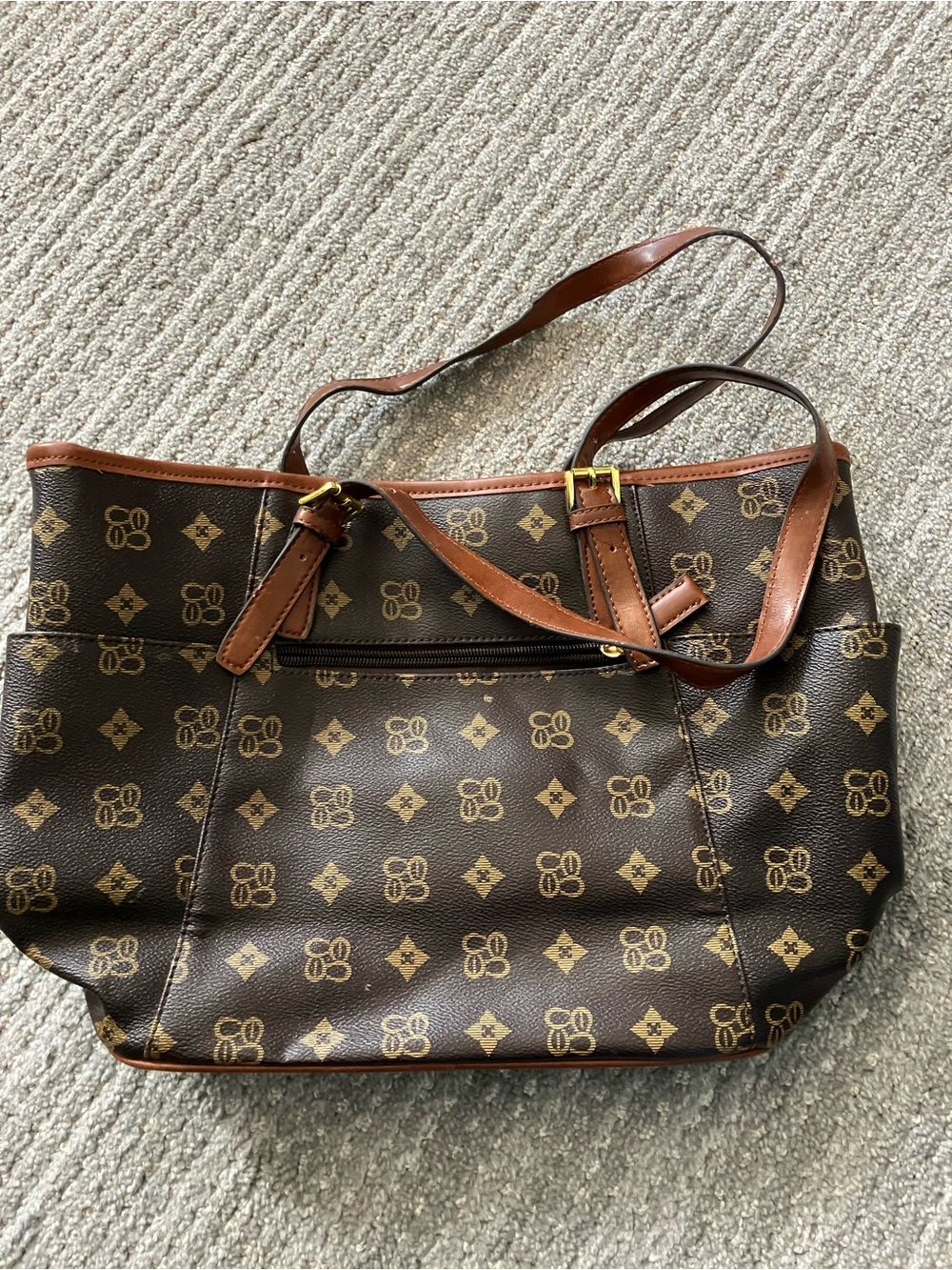 Brown Patterned Tote Bag with Contrast Straps